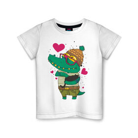 Детская футболка хлопок с принтом Влюбленный крокодил в Кировске, 100% хлопок | круглый вырез горловины, полуприлегающий силуэт, длина до линии бедер | влюбленный | влюбленный крокодил | крокодил | крокодил в шапке | сердечки | шапка