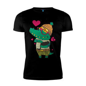 Мужская футболка премиум с принтом Влюбленный крокодил в Кировске, 92% хлопок, 8% лайкра | приталенный силуэт, круглый вырез ворота, длина до линии бедра, короткий рукав | влюбленный | влюбленный крокодил | крокодил | крокодил в шапке | сердечки | шапка