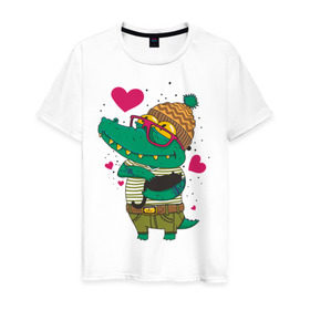 Мужская футболка хлопок с принтом Влюбленный крокодил в Кировске, 100% хлопок | прямой крой, круглый вырез горловины, длина до линии бедер, слегка спущенное плечо. | влюбленный | влюбленный крокодил | крокодил | крокодил в шапке | сердечки | шапка