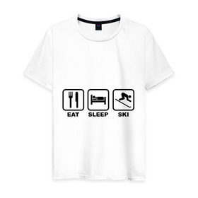 Мужская футболка хлопок с принтом Eat Sleep Ski (Еда, Сон, Лыжи) в Кировске, 100% хлопок | прямой крой, круглый вырез горловины, длина до линии бедер, слегка спущенное плечо. | eat sleep ski | горнолыжная тема | еда | лыжи | сноуборд | сон | спорт