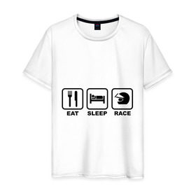 Мужская футболка хлопок с принтом Eat Sleep Race (Ешь, Спи, Гоняй) в Кировске, 100% хлопок | прямой крой, круглый вырез горловины, длина до линии бедер, слегка спущенное плечо. | eat sleep race | автомобильные | вилка | гоняй | ешь | кровать | сон | спи | шлем