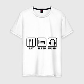 Мужская футболка хлопок с принтом Eat Sleep Music (Еда, Сон, Музыка) в Кировске, 100% хлопок | прямой крой, круглый вырез горловины, длина до линии бедер, слегка спущенное плечо. | eat sleep music | еда | кровать | музыка | наушники | сон