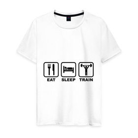Мужская футболка хлопок с принтом Eat Sleep Train (Ешь, Спи, Тренируйся) в Кировске, 100% хлопок | прямой крой, круглый вырез горловины, длина до линии бедер, слегка спущенное плечо. | Тематика изображения на принте: eat sleep train | ешь | силовой спорт | спи | спорт | тренируйся