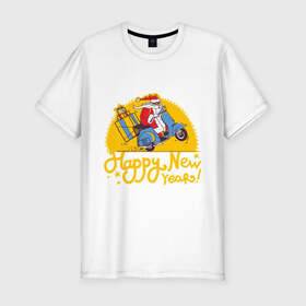 Мужская футболка премиум с принтом Happy New Year в Кировске, 92% хлопок, 8% лайкра | приталенный силуэт, круглый вырез ворота, длина до линии бедра, короткий рукав | 2014 | happy | happy new year | new year | santa | santa clows | год лошади | лошадь | новый год | олень | рудольф | санта | санта клаус