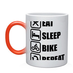 Кружка хамелеон с принтом Eat Sleep Bike Repeat в Кировске, керамика | меняет цвет при нагревании, емкость 330 мл | Тематика изображения на принте: bike | eat | eat sleep bike repeat | repeat | sleep | велоспорт | кровать | спорт