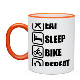 Кружка двухцветная с принтом Eat Sleep Bike Repeat в Кировске, керамика | объем — 330 мл, диаметр — 80 мм. Цветная ручка и кайма сверху, в некоторых цветах — вся внутренняя часть | Тематика изображения на принте: bike | eat | eat sleep bike repeat | repeat | sleep | велоспорт | кровать | спорт