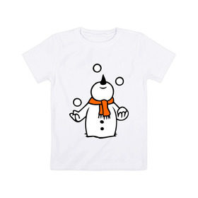Детская футболка хлопок с принтом Снеговик играет в снежки. в Кировске, 100% хлопок | круглый вырез горловины, полуприлегающий силуэт, длина до линии бедер | новый год | новый год 2014 | подарки | снег | снеговик | снеговик играет в снежки | снежки
