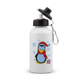 Бутылка спортивная с принтом Пингвин в новогодней шапке в Кировске, металл | емкость — 500 мл, в комплекте две пластиковые крышки и карабин для крепления | пингвин