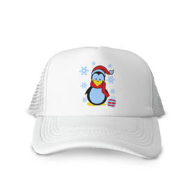 Кепка тракер с сеткой с принтом Пингвин в новогодней шапке в Кировске, трикотажное полотно; задняя часть — сетка | длинный козырек, универсальный размер, пластиковая застежка | пингвин