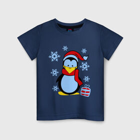 Детская футболка хлопок с принтом Пингвин в новогодней шапке в Кировске, 100% хлопок | круглый вырез горловины, полуприлегающий силуэт, длина до линии бедер | пингвин
