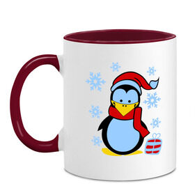 Кружка двухцветная с принтом Пингвин в новогодней шапке в Кировске, керамика | объем — 330 мл, диаметр — 80 мм. Цветная ручка и кайма сверху, в некоторых цветах — вся внутренняя часть | пингвин