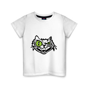 Детская футболка хлопок с принтом Свирепый кот в Кировске, 100% хлопок | круглый вырез горловины, полуприлегающий силуэт, длина до линии бедер | глаза | зеленные глаза | зубы | кот | кот с зеленными глаза | котяра | кошачий глаз | свирепый кот