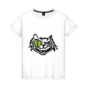 Женская футболка хлопок с принтом Свирепый кот в Кировске, 100% хлопок | прямой крой, круглый вырез горловины, длина до линии бедер, слегка спущенное плечо | глаза | зеленные глаза | зубы | кот | кот с зеленными глаза | котяра | кошачий глаз | свирепый кот