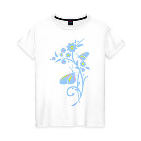 Женская футболка хлопок с принтом Бабочки на цветке в Кировске, 100% хлопок | прямой крой, круглый вырез горловины, длина до линии бедер, слегка спущенное плечо | 