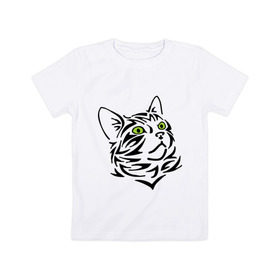 Детская футболка хлопок с принтом Узор - кот в Кировске, 100% хлопок | круглый вырез горловины, полуприлегающий силуэт, длина до линии бедер | глаза | киска | кот с зеленными глазами | кошки | силуэт  кота | узор   кот