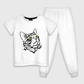 Детская пижама хлопок с принтом Узор - кот в Кировске, 100% хлопок |  брюки и футболка прямого кроя, без карманов, на брюках мягкая резинка на поясе и по низу штанин
 | глаза | киска | кот с зеленными глазами | кошки | силуэт  кота | узор   кот