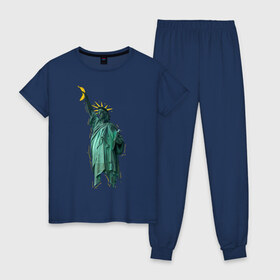 Женская пижама хлопок с принтом Статуя свободы в Кировске, 100% хлопок | брюки и футболка прямого кроя, без карманов, на брюках мягкая резинка на поясе и по низу штанин | банан