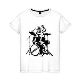 Женская футболка хлопок с принтом Обезьяна с барабанами в Кировске, 100% хлопок | прямой крой, круглый вырез горловины, длина до линии бедер, слегка спущенное плечо | барабан | музыка | обезьяна с барабанами | разное