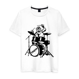 Мужская футболка хлопок с принтом Обезьяна с барабанами в Кировске, 100% хлопок | прямой крой, круглый вырез горловины, длина до линии бедер, слегка спущенное плечо. | барабан | музыка | обезьяна с барабанами | разное