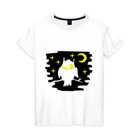 Женская футболка хлопок с принтом Сова в ночном небе в Кировске, 100% хлопок | прямой крой, круглый вырез горловины, длина до линии бедер, слегка спущенное плечо | сова