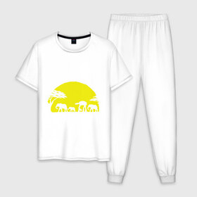 Мужская пижама хлопок с принтом Слоники в Кировске, 100% хлопок | брюки и футболка прямого кроя, без карманов, на брюках мягкая резинка на поясе и по низу штанин
 | африканский | африканское солнце | животные | слоны  на фоне солнца | солнце | этнический