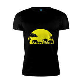 Мужская футболка премиум с принтом Слоники в Кировске, 92% хлопок, 8% лайкра | приталенный силуэт, круглый вырез ворота, длина до линии бедра, короткий рукав | африканский | африканское солнце | животные | слоны  на фоне солнца | солнце | этнический