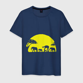 Мужская футболка хлопок с принтом Слоники в Кировске, 100% хлопок | прямой крой, круглый вырез горловины, длина до линии бедер, слегка спущенное плечо. | африканский | африканское солнце | животные | слоны  на фоне солнца | солнце | этнический