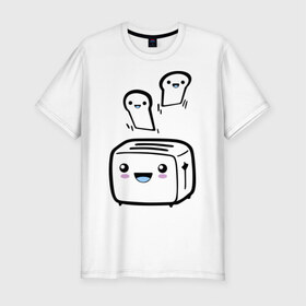 Мужская футболка премиум с принтом Позитивный тостер в Кировске, 92% хлопок, 8% лайкра | приталенный силуэт, круглый вырез ворота, длина до линии бедра, короткий рукав | бутерброд | гренки | еда | позитив | позитивный тостер | смайл | тостер | хлеб