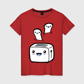 Женская футболка хлопок с принтом Позитивный тостер в Кировске, 100% хлопок | прямой крой, круглый вырез горловины, длина до линии бедер, слегка спущенное плечо | бутерброд | гренки | еда | позитив | позитивный тостер | смайл | тостер | хлеб