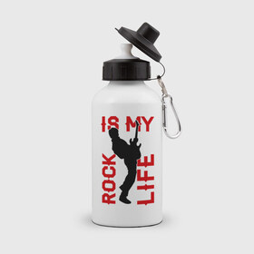Бутылка спортивная с принтом Rock is my life (Рок-это моя жизнь) в Кировске, металл | емкость — 500 мл, в комплекте две пластиковые крышки и карабин для крепления | rock | рок