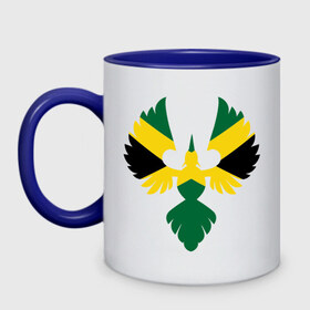 Кружка двухцветная с принтом Jamaica bird в Кировске, керамика | объем — 330 мл, диаметр — 80 мм. Цветная ручка и кайма сверху, в некоторых цветах — вся внутренняя часть | флаг | ямайка птица