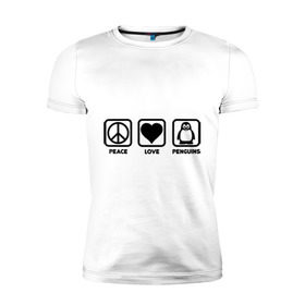 Мужская футболка премиум с принтом Peace Love Penguins (мир, любовь, пингвины) в Кировске, 92% хлопок, 8% лайкра | приталенный силуэт, круглый вырез ворота, длина до линии бедра, короткий рукав | peace love penguins | животные | любовь | мир | пингвины