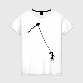 Женская футболка хлопок с принтом Девочка с воздушным змеем в Кировске, 100% хлопок | прямой крой, круглый вырез горловины, длина до линии бедер, слегка спущенное плечо | 