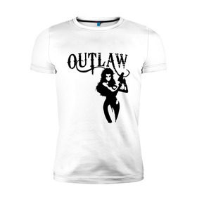 Мужская футболка премиум с принтом Outlaw (вне закона) в Кировске, 92% хлопок, 8% лайкра | приталенный силуэт, круглый вырез ворота, длина до линии бедра, короткий рукав | outlaw | вне закона | выстрел | девушка | оружие | прикольные картинки