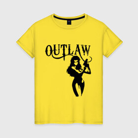 Женская футболка хлопок с принтом Outlaw (вне закона) в Кировске, 100% хлопок | прямой крой, круглый вырез горловины, длина до линии бедер, слегка спущенное плечо | outlaw | вне закона | выстрел | девушка | оружие | прикольные картинки