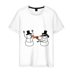 Мужская футболка хлопок с принтом Снеговик грабитель в Кировске, 100% хлопок | прямой крой, круглый вырез горловины, длина до линии бедер, слегка спущенное плечо. | идеи подарков | с новым годом | снеговик грабитель | снеговики | снеговики бандиты | фен