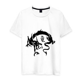 Мужская футболка хлопок с принтом Дракон в японском стиле в Кировске, 100% хлопок | прямой крой, круглый вырез горловины, длина до линии бедер, слегка спущенное плечо. | Тематика изображения на принте: дракон | дракон в японском стиле | монстры | привидения и дьяволы | японский стиль