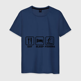 Мужская футболка хлопок с принтом Eat Sleep Fishing в Кировске, 100% хлопок | прямой крой, круглый вырез горловины, длина до линии бедер, слегка спущенное плечо. | Тематика изображения на принте: eat sleep fishing | еда | машина | рыбалка