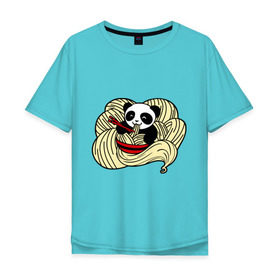 Мужская футболка хлопок Oversize с принтом панда ест лапшу в Кировске, 100% хлопок | свободный крой, круглый ворот, “спинка” длиннее передней части | Тематика изображения на принте: панда