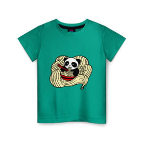 Детская футболка хлопок с принтом панда ест лапшу в Кировске, 100% хлопок | круглый вырез горловины, полуприлегающий силуэт, длина до линии бедер | Тематика изображения на принте: панда