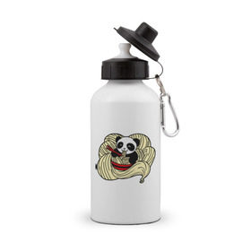 Бутылка спортивная с принтом панда ест лапшу в Кировске, металл | емкость — 500 мл, в комплекте две пластиковые крышки и карабин для крепления | Тематика изображения на принте: панда