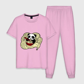 Мужская пижама хлопок с принтом панда ест лапшу в Кировске, 100% хлопок | брюки и футболка прямого кроя, без карманов, на брюках мягкая резинка на поясе и по низу штанин
 | Тематика изображения на принте: панда