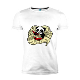Мужская футболка премиум с принтом панда ест лапшу в Кировске, 92% хлопок, 8% лайкра | приталенный силуэт, круглый вырез ворота, длина до линии бедра, короткий рукав | Тематика изображения на принте: панда
