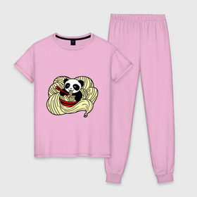 Женская пижама хлопок с принтом панда ест лапшу в Кировске, 100% хлопок | брюки и футболка прямого кроя, без карманов, на брюках мягкая резинка на поясе и по низу штанин | панда