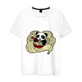 Мужская футболка хлопок с принтом панда ест лапшу в Кировске, 100% хлопок | прямой крой, круглый вырез горловины, длина до линии бедер, слегка спущенное плечо. | Тематика изображения на принте: панда