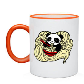 Кружка двухцветная с принтом панда ест лапшу в Кировске, керамика | объем — 330 мл, диаметр — 80 мм. Цветная ручка и кайма сверху, в некоторых цветах — вся внутренняя часть | панда