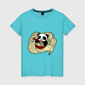 Женская футболка хлопок с принтом панда ест лапшу в Кировске, 100% хлопок | прямой крой, круглый вырез горловины, длина до линии бедер, слегка спущенное плечо | Тематика изображения на принте: панда
