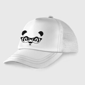 Детская кепка тракер с принтом Панда в очках в Кировске, Козырек - 100% хлопок. Кепка - 100% полиэстер, Задняя часть - сетка | универсальный размер, пластиковая застёжка | панда
