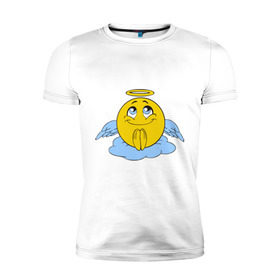 Мужская футболка премиум с принтом Ангел смайл в Кировске, 92% хлопок, 8% лайкра | приталенный силуэт, круглый вырез ворота, длина до линии бедра, короткий рукав | smile. улыбка | ангел смайл | безумный смайл | позитив и смайлы | псих | смайл | смайлик