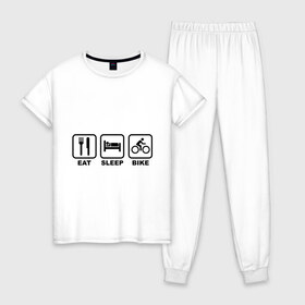 Женская пижама хлопок с принтом Eat Sleep Bike (еда, сон, велосипед) в Кировске, 100% хлопок | брюки и футболка прямого кроя, без карманов, на брюках мягкая резинка на поясе и по низу штанин | 